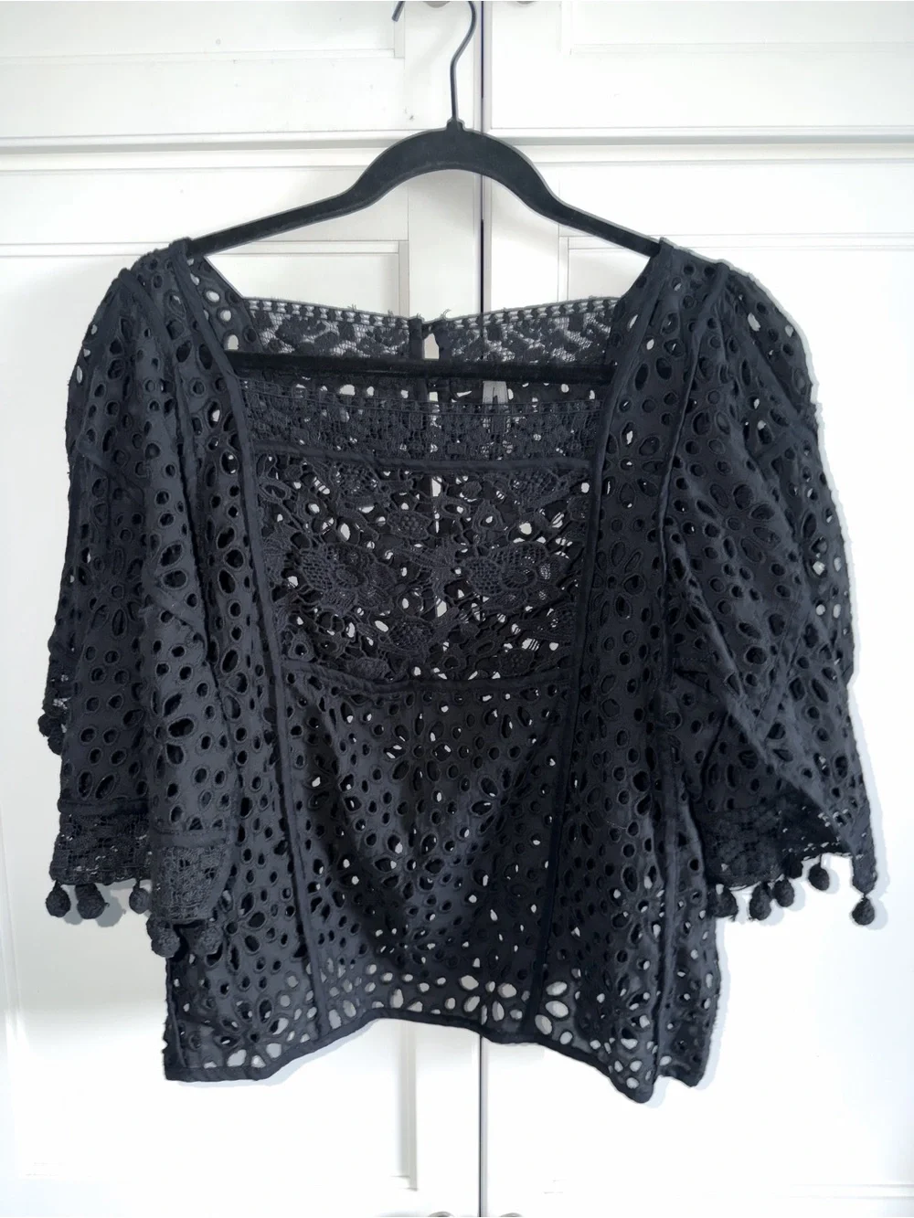 By Anthropologie Boat-Neck Black Victorian Cutwork Pom-Pom Blouse Sz XL Boho